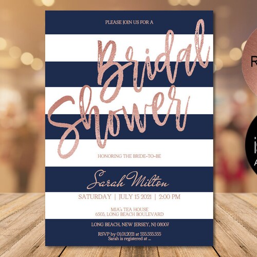 Navy & Rose Gold Bridal Shower Invitation Template Printable Etsy