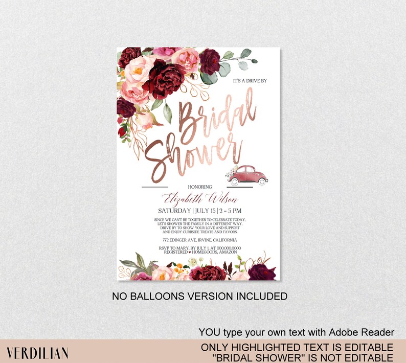 Drive by Bridal Shower Invitation Template Marsala Burgundy Etsy