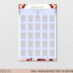 Seating Chart Template, Wedding Floral Burgundy Peonies Seating Chart Printable DIY Editable PDF-DOWNLOAD Instantly VRD137NWG image 9