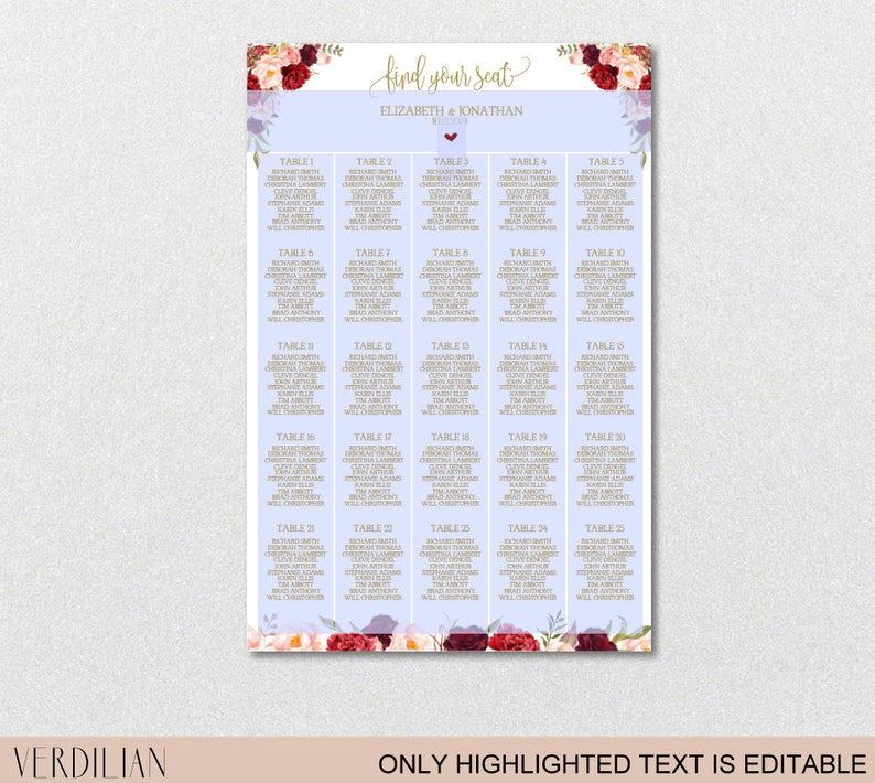 Seating Chart Template, Wedding Floral Burgundy Peonies Seating Chart Printable DIY Editable PDF-DOWNLOAD Instantly VRD137NWG Bild 9