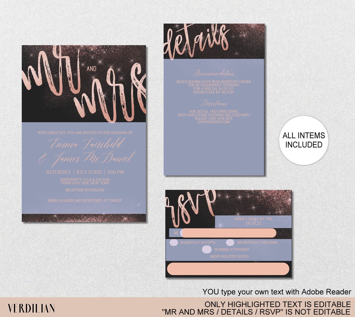 Black Rose Gold Wedding Invitation Template Set DIY Etsy