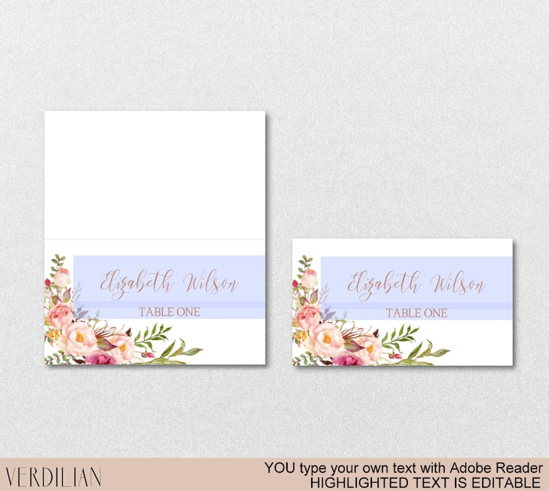 Blush Floral Reception Flat /& Folded DIY PDF Template Instant Download VRD156LJR Rose Gold Place Card Wedding Printable and Escort Cards