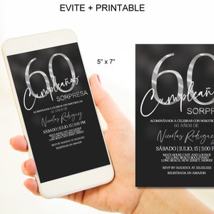 Silver 60th Sorpresa Birthday Invitation for Men, for Women, Spanish Vintage 60th surprise invitation Corjl Instant Download,Evite|VRD560SWR