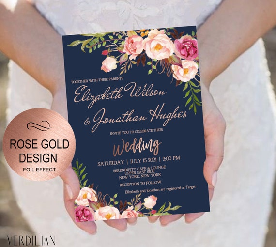 Blush Navy Rose Gold Wedding Invitation Template Set-floral - Etsy