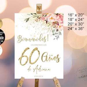 Spanisches 60er Geburtstagsparty Willkommensschild, 60 Humpleanos Gold Glitter Willkommen Geburtstagsschild, Corjl Vorlage | VRD560YHV z3