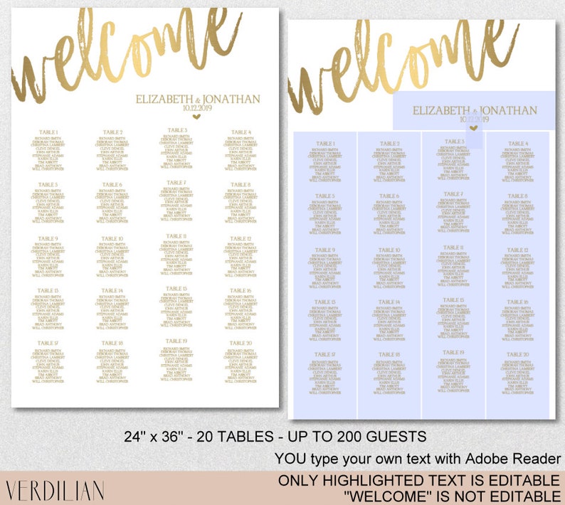 Wedding Seating Chart Printable Template 8 Versions Gold | Etsy