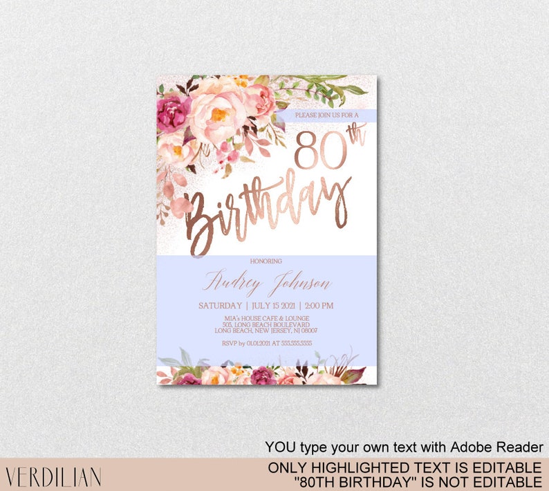 DIY 80th Birthday Invitation Template Blush Rose Gold Floral | Etsy