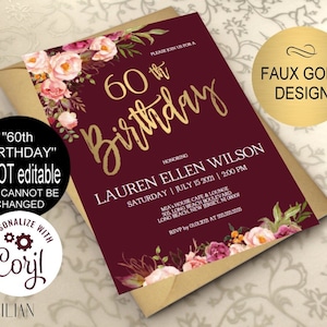 60th Birthday Invitation for Women, Gold Burgundy Blush Floral Birthday Party Invitation, Digital Corjl Instant Download | VRD260GBG