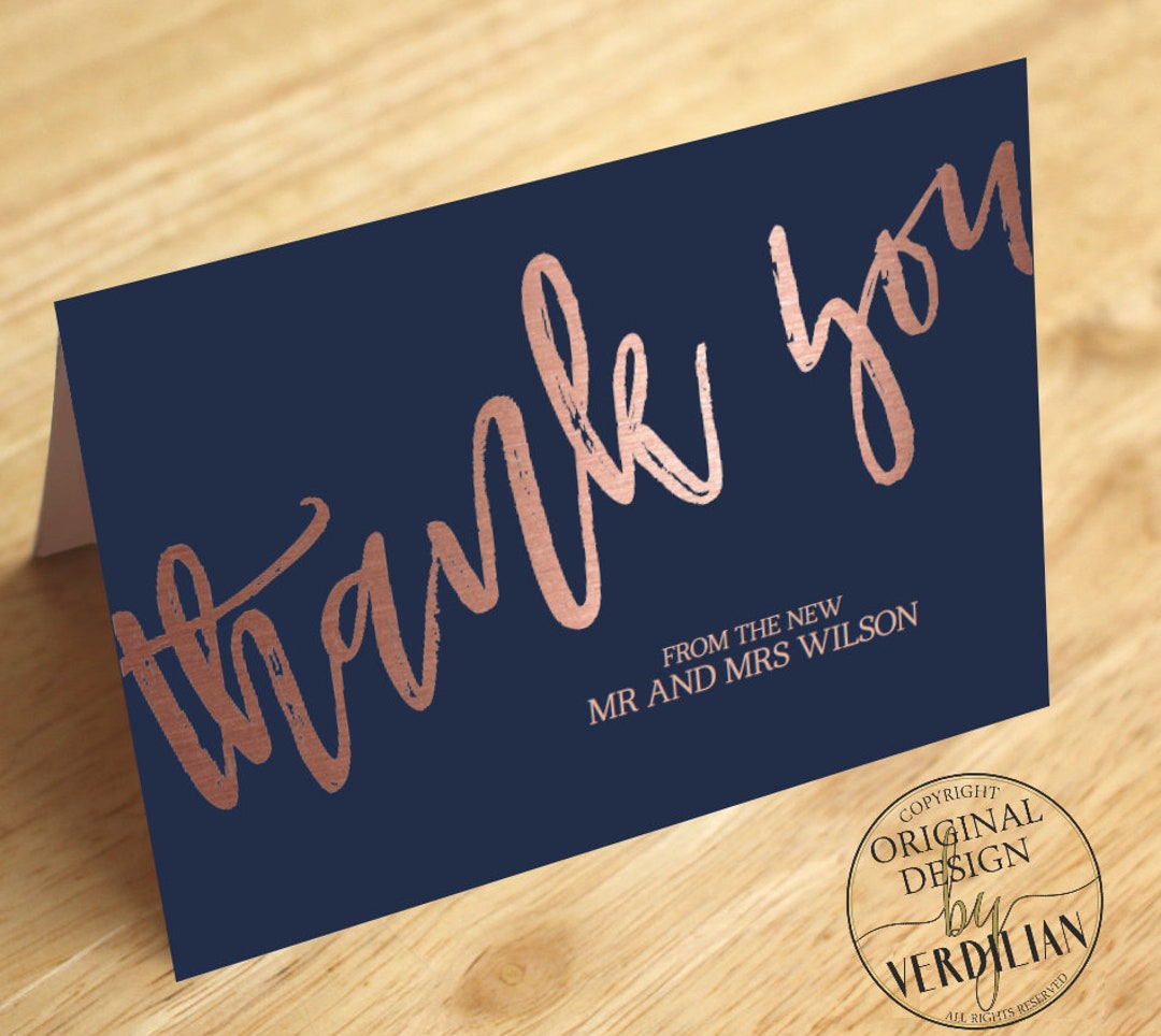 Navy Rose Gold Thank You Card Template - Printable Folded Thank You ...