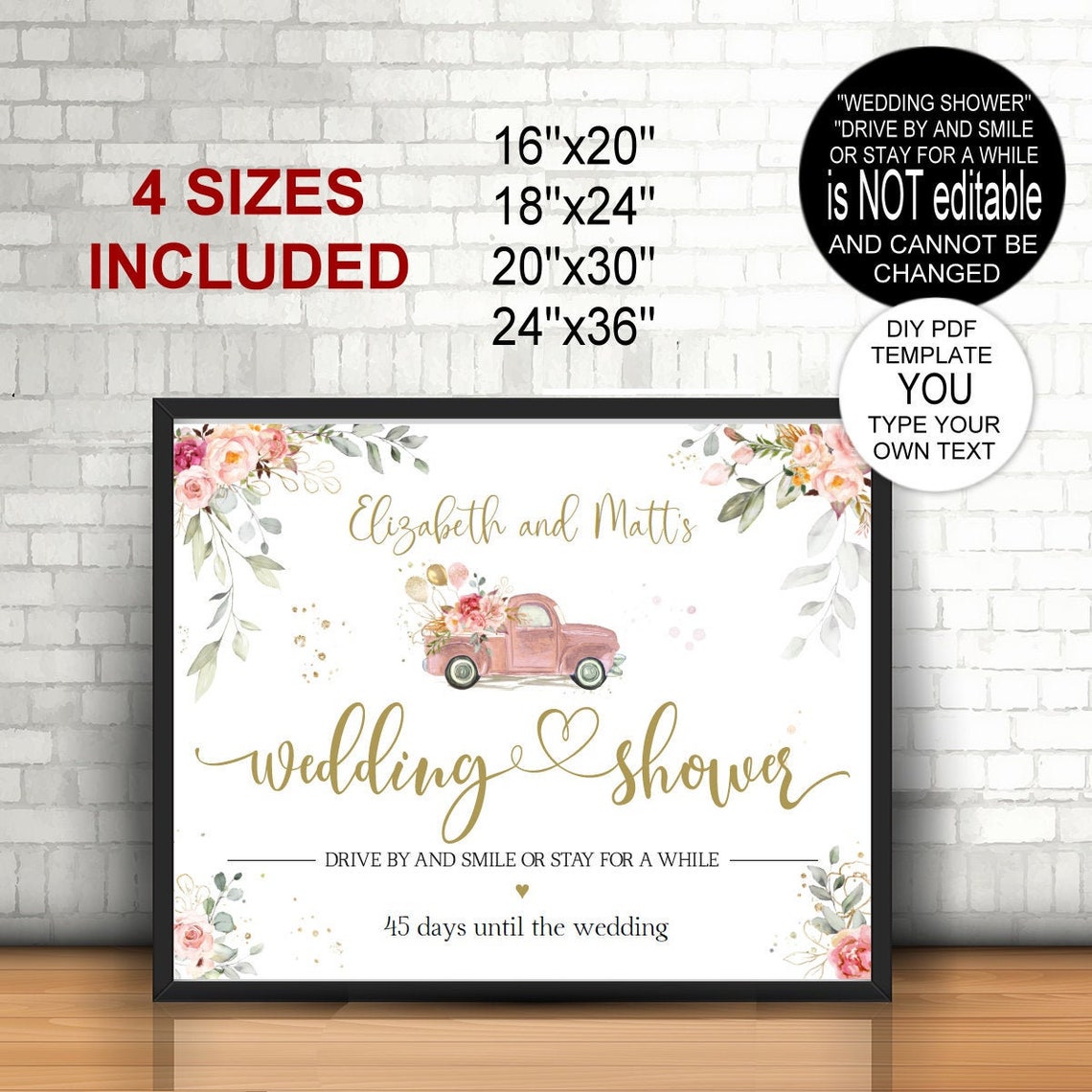 Drive by Wedding Shower Sign Template Blush Gold Etsy