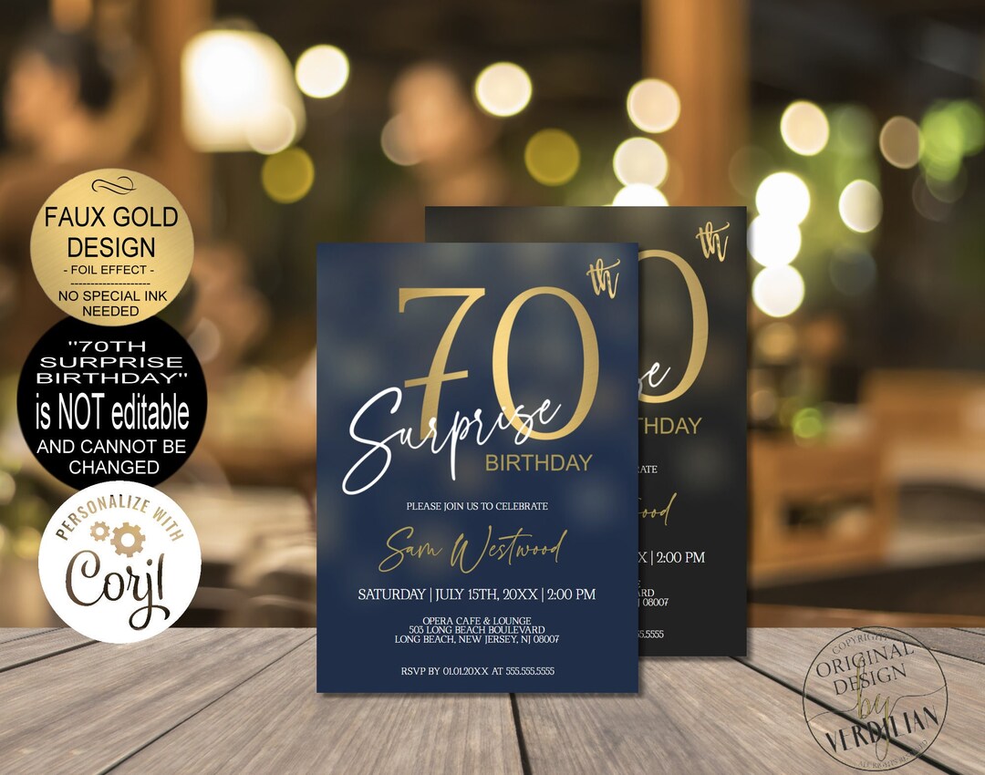 Surprise 70th Birthday Invitations for Men, Vintage 70th Birthday Party