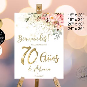 Spaans welkomstbord 70e verjaardagsfeestje, 70 Cumpleanos gouden glitter welkomstbord verjaardag, Corjl-sjabloon | VRD570YHV z3