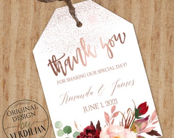 DIY Marsala Wedding Favor Tags PDF Template, Floral Rose Gold Wedding Thank You Tag-Editable Shower Gift Tag -DOWNLOAD Instantly|VRD133TK 93