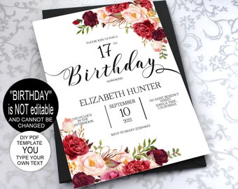 Burgundy Birthday Invitation Template - Rustic Watercolor -DIY Printable Birthday Party Invitation-PDF-Instant Download| VRD137BP