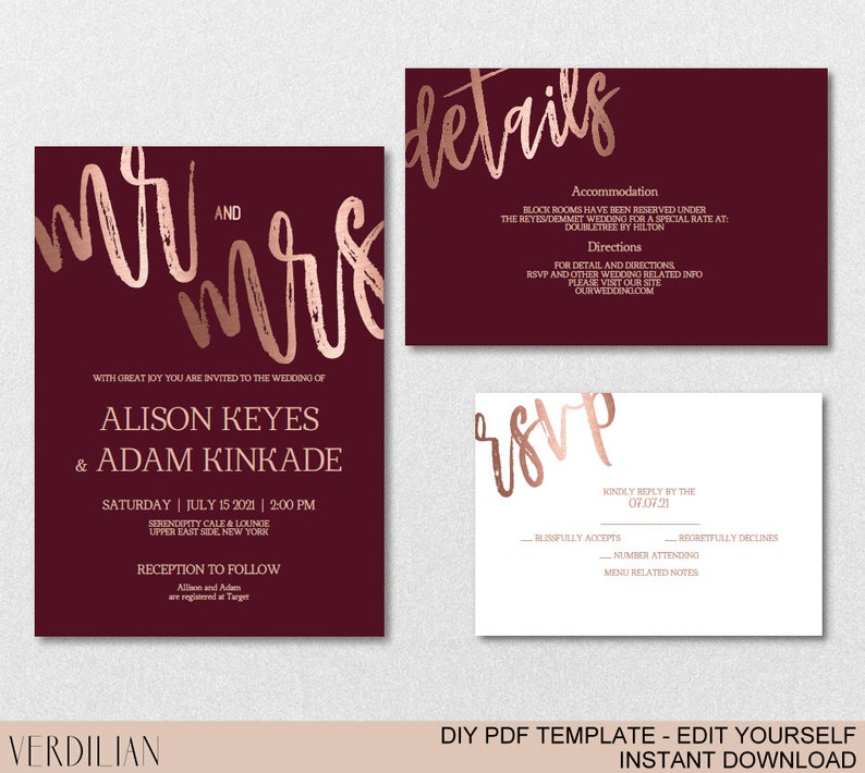 Burgundy Rose Gold Wedding Invitation Template Set DIY Etsy