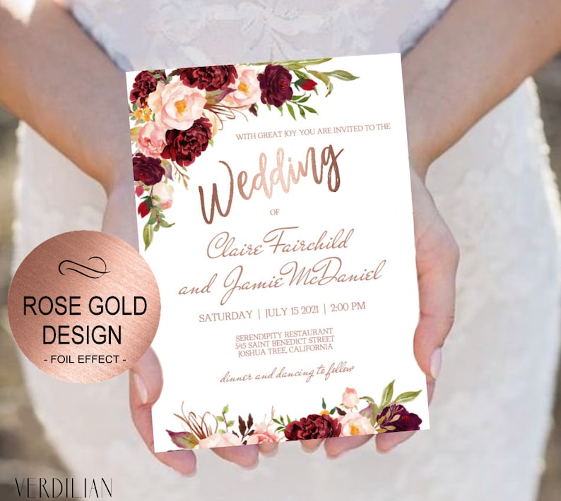 Marsala Rose Gold Wedding Invitation Template SetBlush Etsy