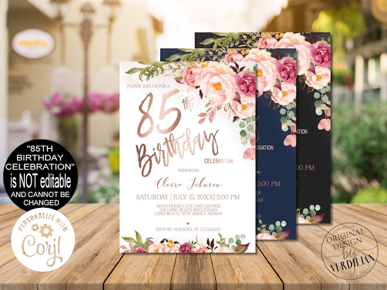 85th Birthday Invitation for Women, Digital Blush Pink Rose Gold Floral Birthday Party Invitation, Corjl Instant Download, EviteVRD585GSR image 1