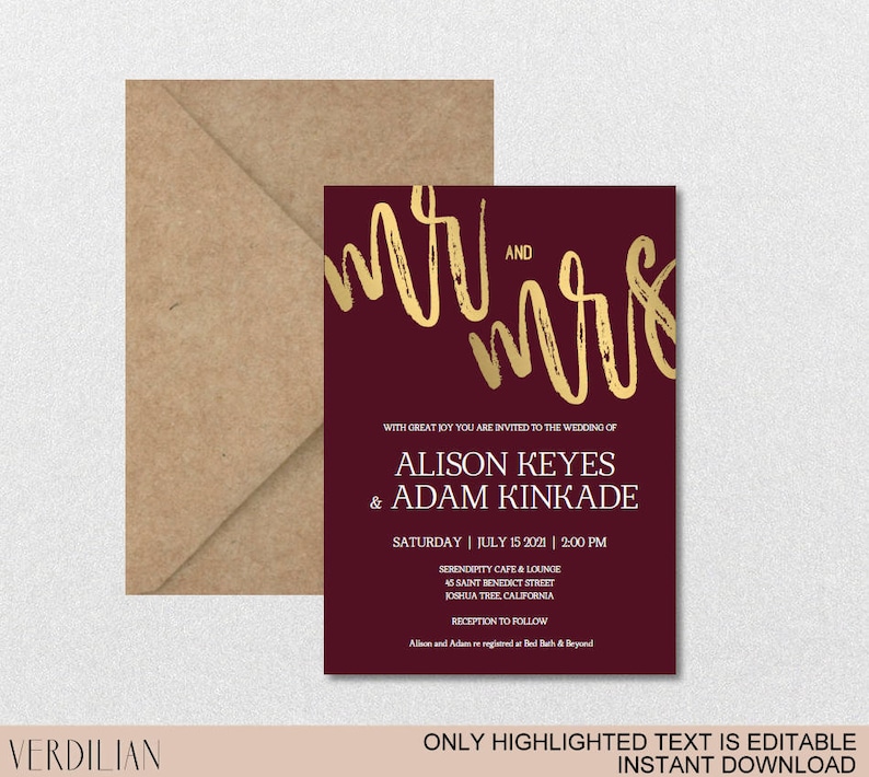 Burgundy Gold Wedding Invitation Template Mr and Mrs