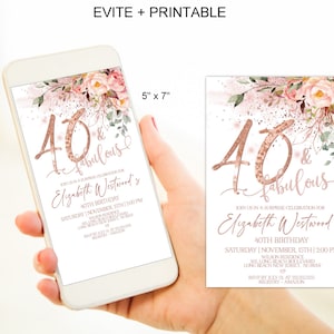 40 & fabelhafte 40. Geburtstagseinladungen für Frauen, rosa Rose Gold 40. Geburtstagsparty einladen Evite Corjl Sofort-Download|VRD540BFS