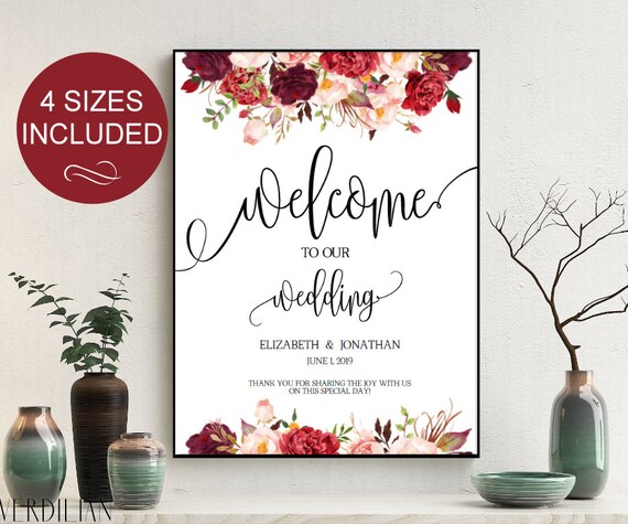 Wedding Welcome Sign Wedding Reception Greet Guests Burgundy Etsy