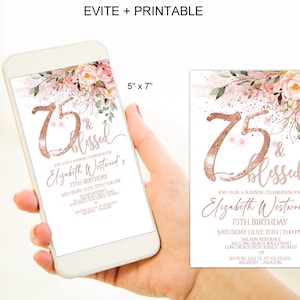 75 & Blessed 75th Birthday Invitations for Women, Blush Pink Rose Gold 75th Birthday Party invite, Evite Corjl Instant Download|VRD575SFB z3