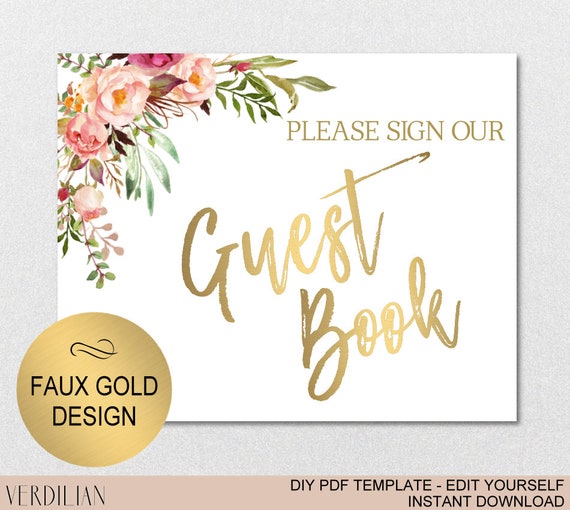 Guest Book Sign Printable Template Gold Printable Photo Etsy