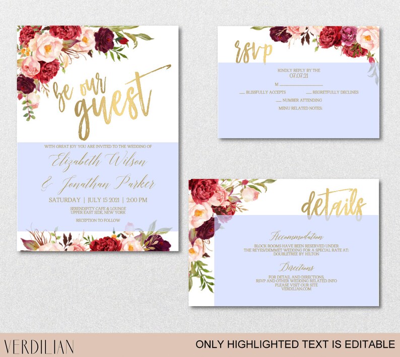 Burgundy Floral Gold Wedding Invitation Template Set-Watercolor Flowers Invite DIY Printable PDF Invitations-Download Instantly VRD137WDV image 3