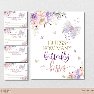 Purple Pink Guess How Many Butterfly Kisses Game Baby Shower Printable, Purple Gold Baby Girl DIY PDF Template - Instant Download|VRD166GCV