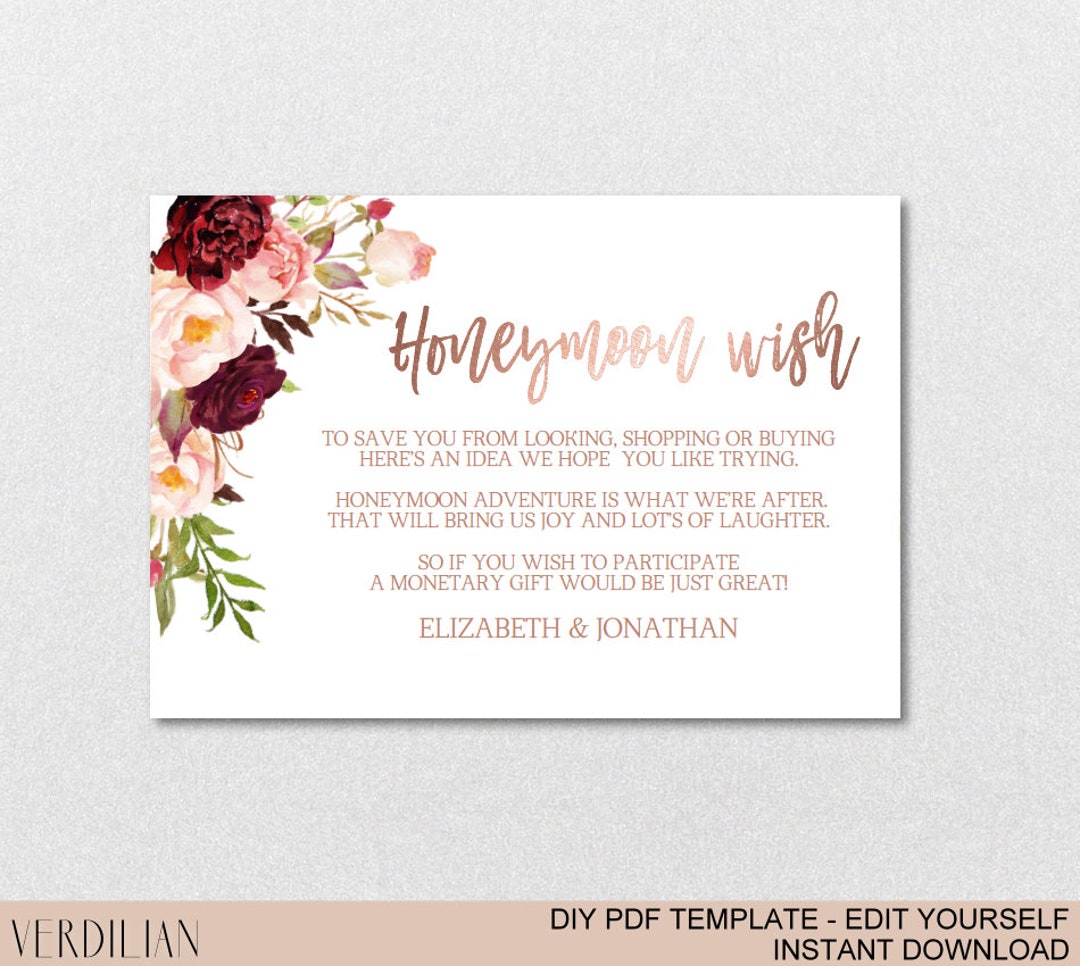Honeymoon Wish Card Printable Template Marsala Rose Gold Floral Wedding ...