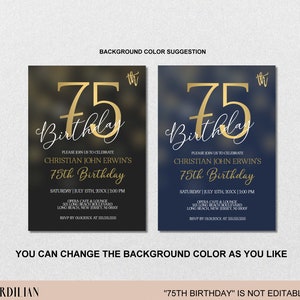 75th Birthday Invitations for Men 75th Birthday Party Invitation, Vintage 75th birthday invitation digital Corjl Instant Download VRD275BKG image 2