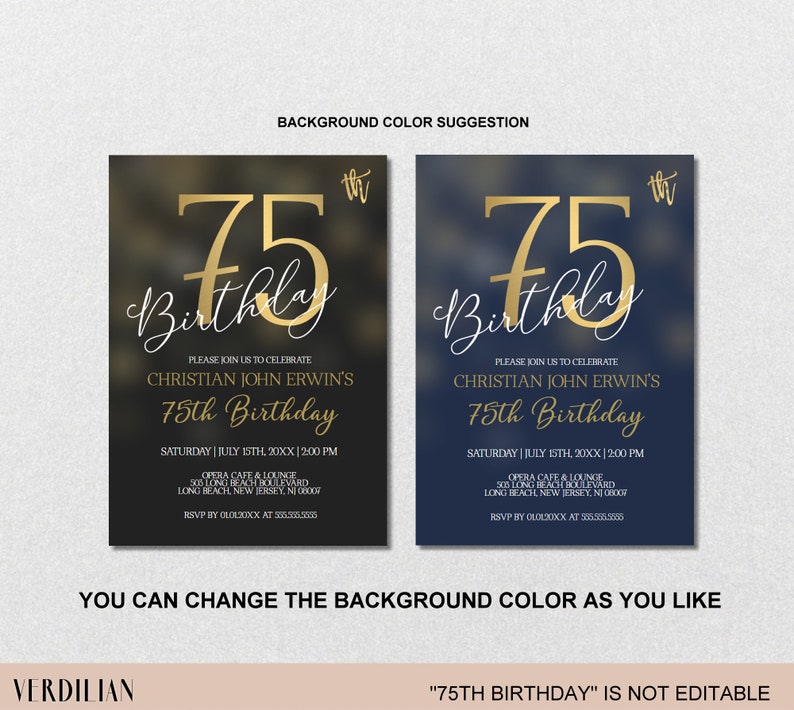 75th Birthday Invitations for Men 75th Birthday Party Invitation, Vintage 75th birthday invitation digital Corjl Instant Download VRD275BKG image 2