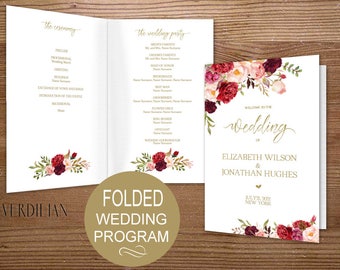 Folded Wedding Program Template, Wedding Program Printable - Floral Burgundy Order of Service-DIY Editable PDF-DOWNLOAD Instantly |VRD137SGF