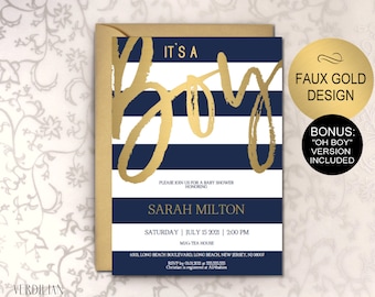 Navy Stripes Gold Baby Shower Invitation Template - It's a Boy DIY Faux Gold Printable Editable Invitation-PDF-Instant Download | VRD502GBG