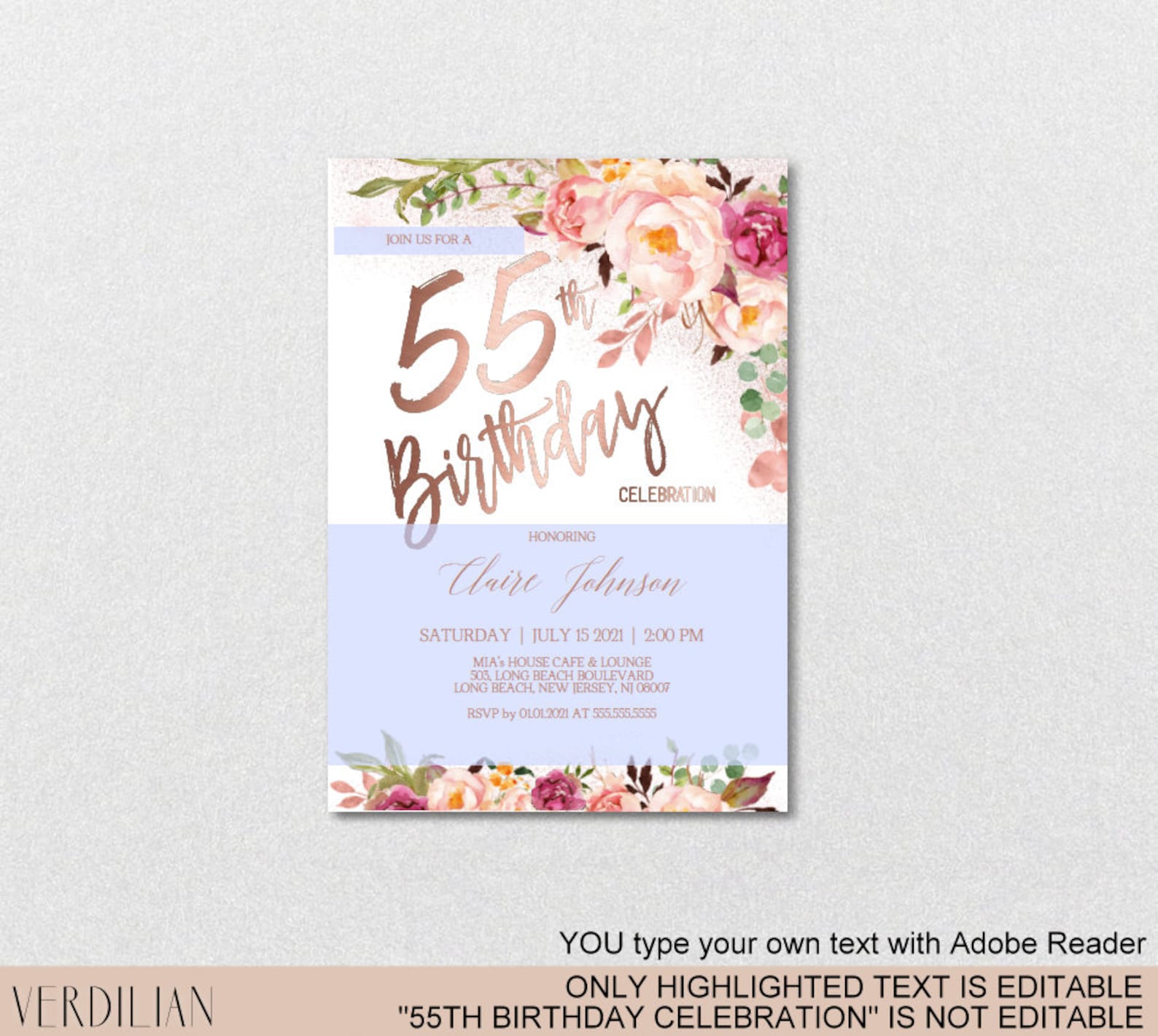 DIY 55th Birthday Invitation Template Blush Rose Gold Floral | Etsy