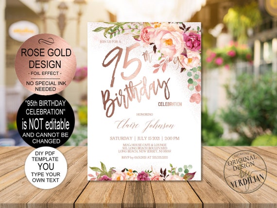 DIY 95th Birthday Invitation Template Blush Rose Gold Floral Etsy