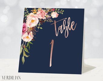 Navy Rose Gold Blush Floral Wedding Table Numbers, 5x5 Table Numbers Template, DIY PDF Table Number Cards Download Instant| VRD158TNG 97 99