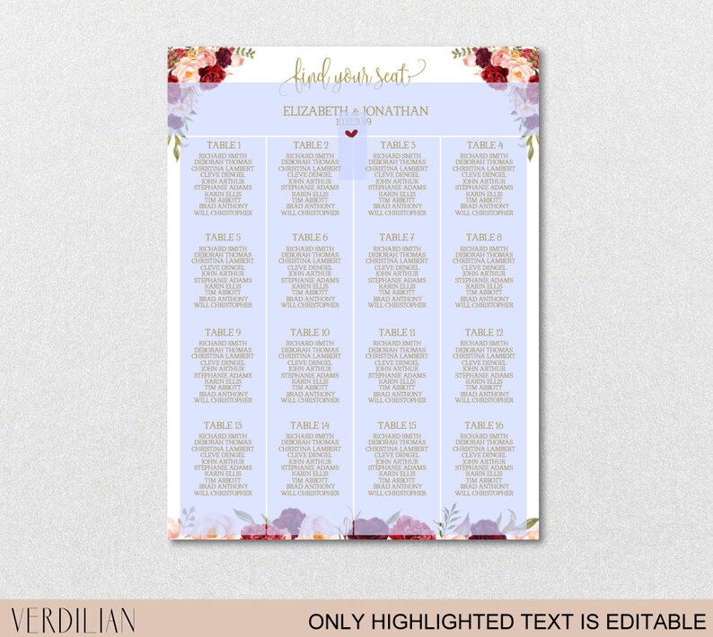 Seating Chart Template, Wedding Floral Burgundy Peonies Seating Chart Printable DIY Editable PDF-DOWNLOAD Instantly VRD137NWG image 8