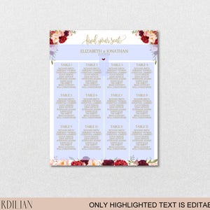 Seating Chart Template, Wedding Floral Burgundy Peonies Seating Chart Printable DIY Editable PDF-DOWNLOAD Instantly VRD137NWG image 7