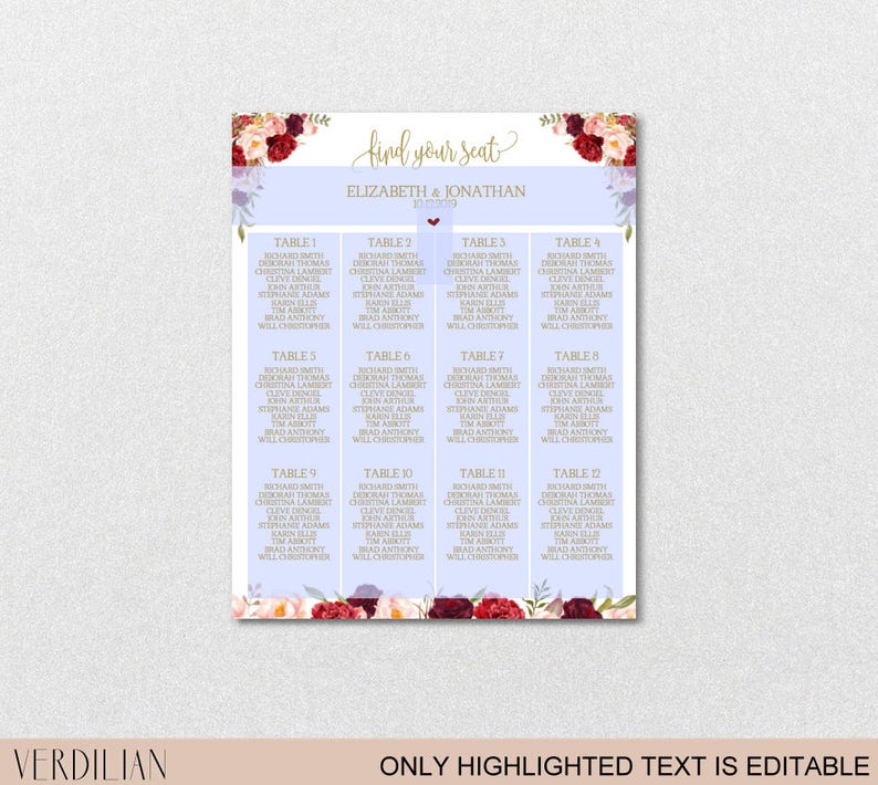 Seating Chart Template, Wedding Floral Burgundy Peonies Seating Chart Printable DIY Editable PDF-DOWNLOAD Instantly VRD137NWG Bild 7