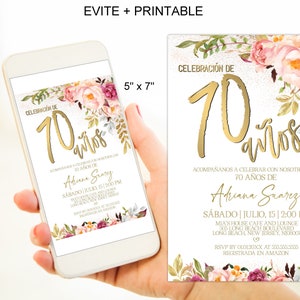 Spanish 70th Birthday Invitation for Women, 70 Cumpleanos Pink Floral Gold 70th Birthday Invitation Digital Corjl Instant Download|VRD570SSV