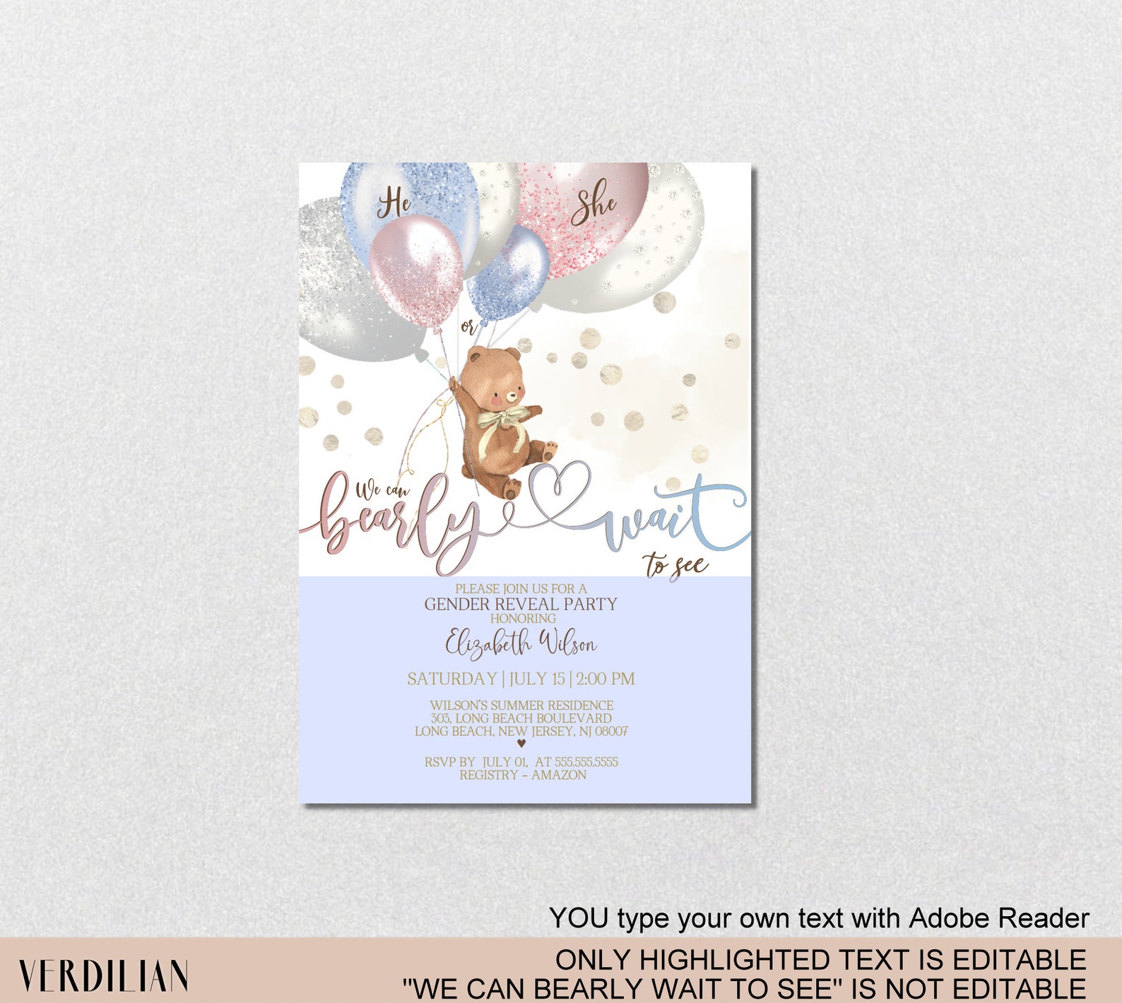 Teddy Bear Gender Reveal Invitation Template Boy or Girl Pink Etsy