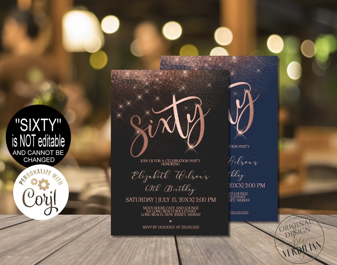 60th Birthday Invitation for Women, Digital Rose Gold Black Birthday