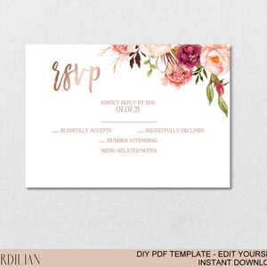 Rose Gold RSVP Card - Wedding Kindly Reply Card Printable PDF Template - Download Instantly| VRD156RC