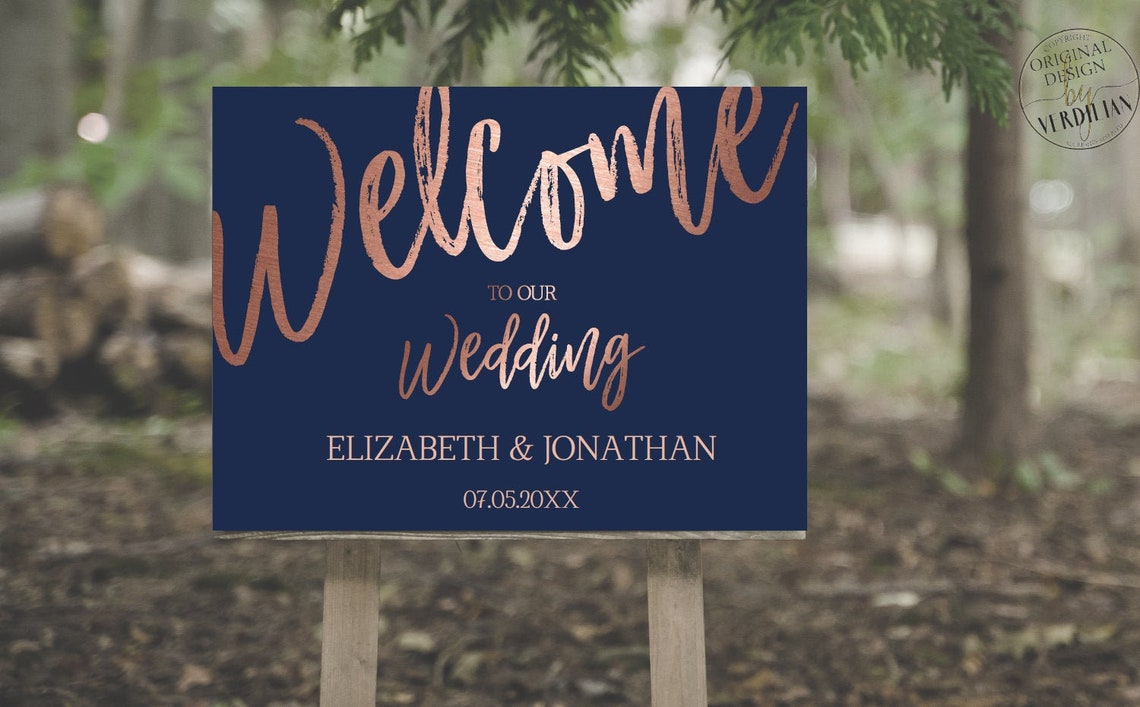 Navy Rose Gold Wedding Welcome Sign Template Wedding Reception image 1