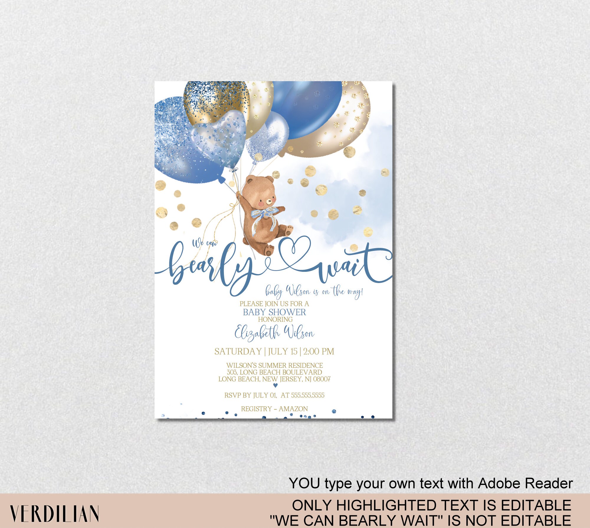 Teddy Bear Blue Gold We can Bearly Wait Baby Shower Invitation Etsy