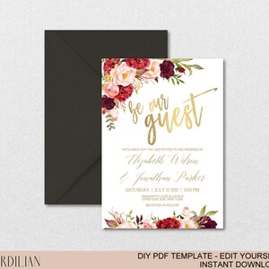 Burgundy Floral Gold Wedding Invitation Template Set-Watercolor Flowers Invite DIY Printable PDF Invitations-Download Instantly VRD137WDV image 7