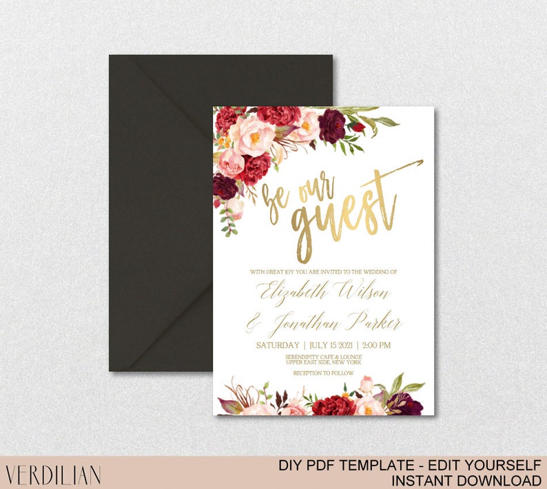 Burgundy Floral Gold Wedding Invitation Template Set-Watercolor Flowers Invite DIY Printable PDF Invitations-Download Instantly VRD137WDV image 7