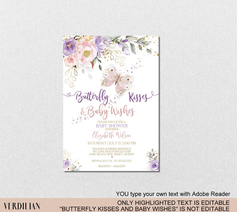 Purple Butterfly Baby Shower Invitation Template Blush Pink Etsy