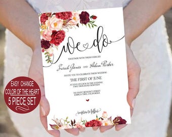 DIY We Do Wedding Invitation Template.Burgundy Marsala Floral Watercolor Wedding.We Do Wedding Invitation.DIY PDF Instant Download VRD137AWY