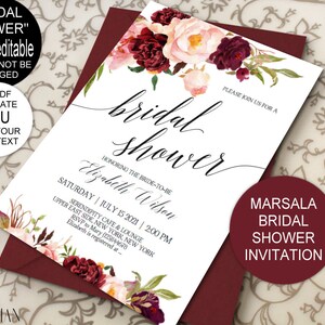 Marsala Bridal Shower Invitation Printable Template, Wedding Shower Invite, Editable DIY PDF ...